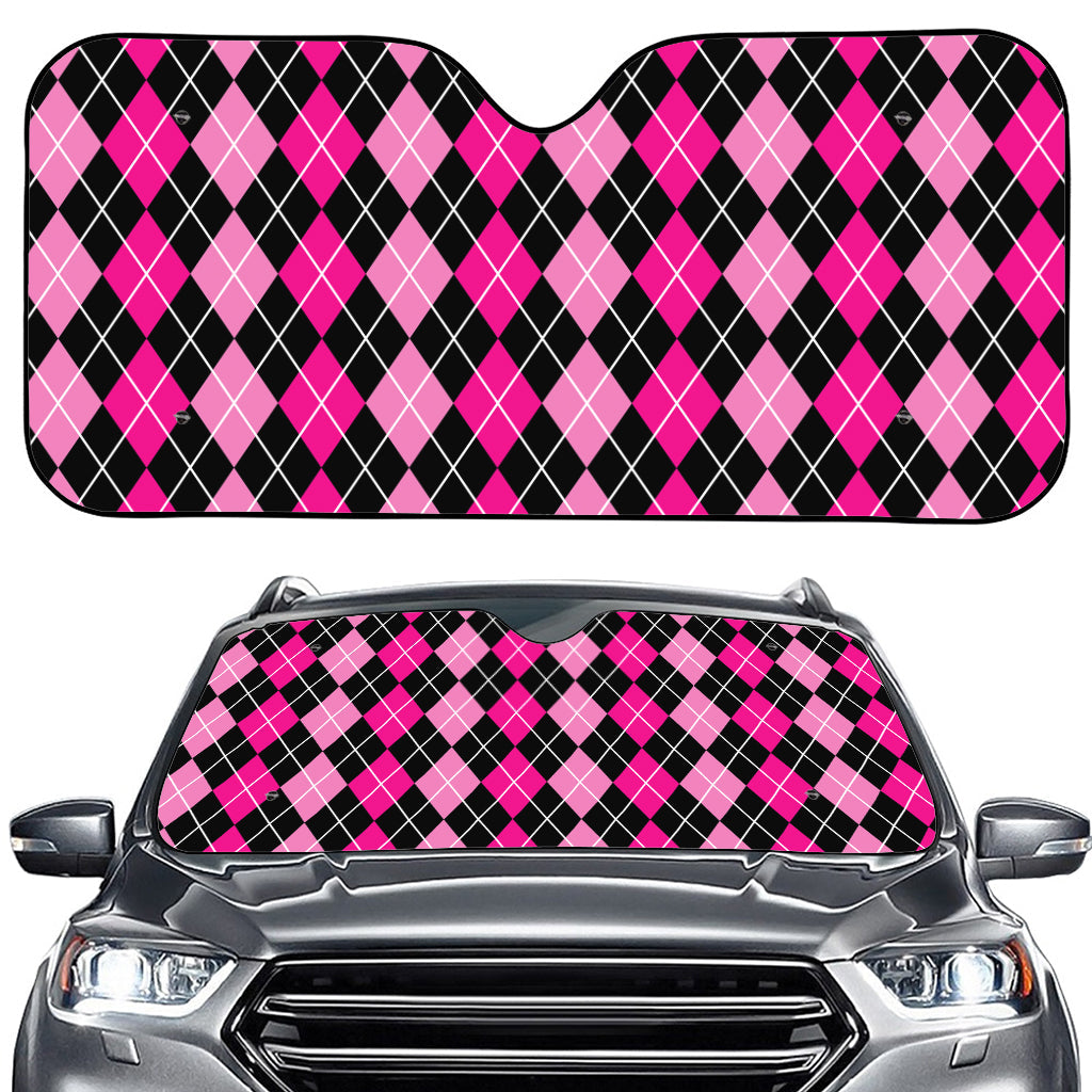 Deep Pink And Black Argyle Pattern Print Car Windshield Sun Shade