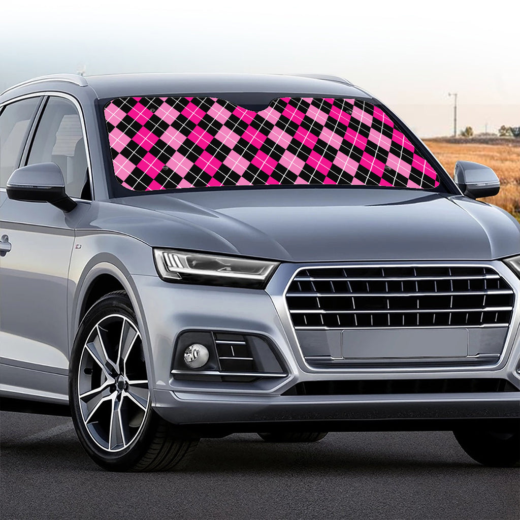 Deep Pink And Black Argyle Pattern Print Car Windshield Sun Shade