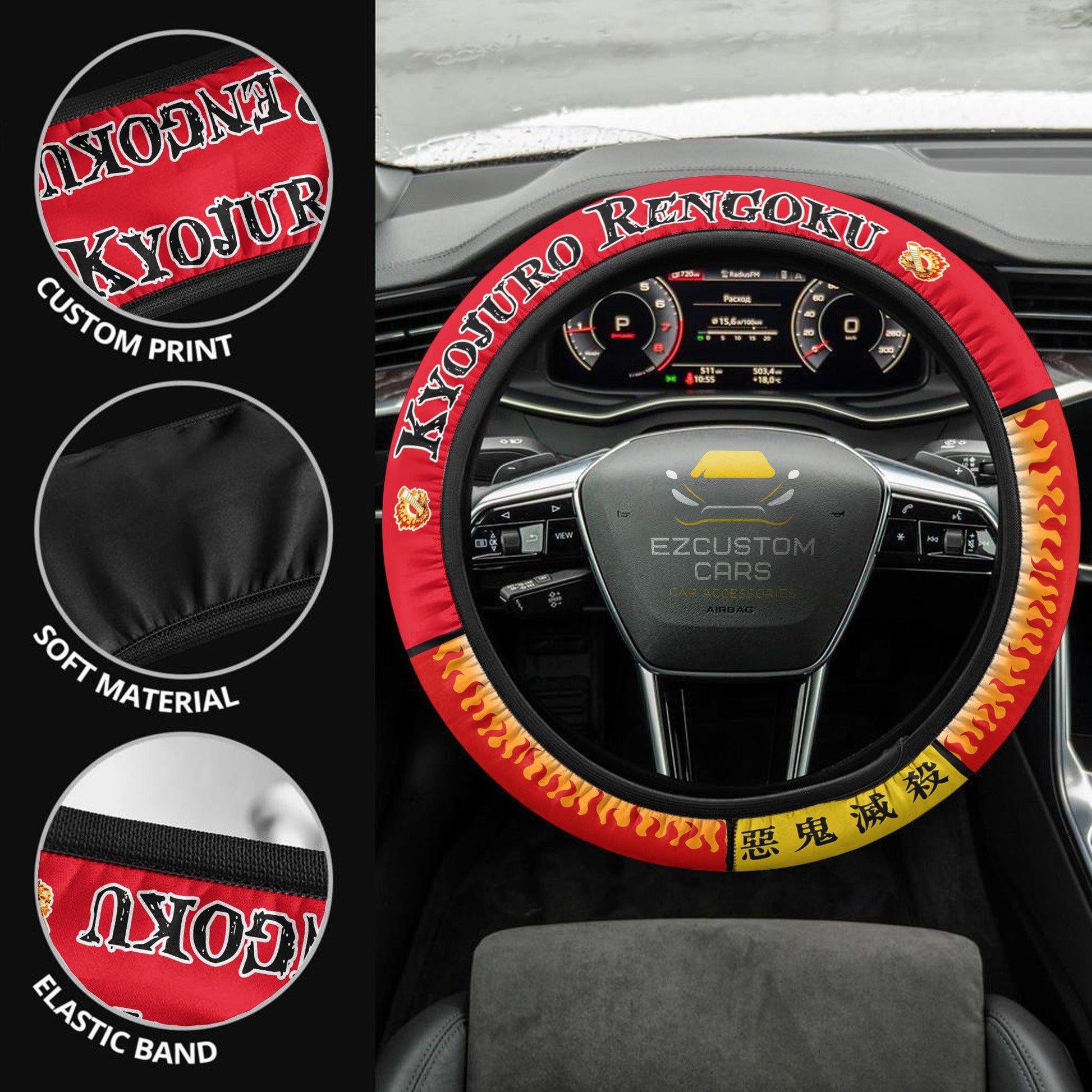 Demon Slayer Anime Steering Wheel Cover Custom Kyojuro Rengoku Anime Car Accessories
