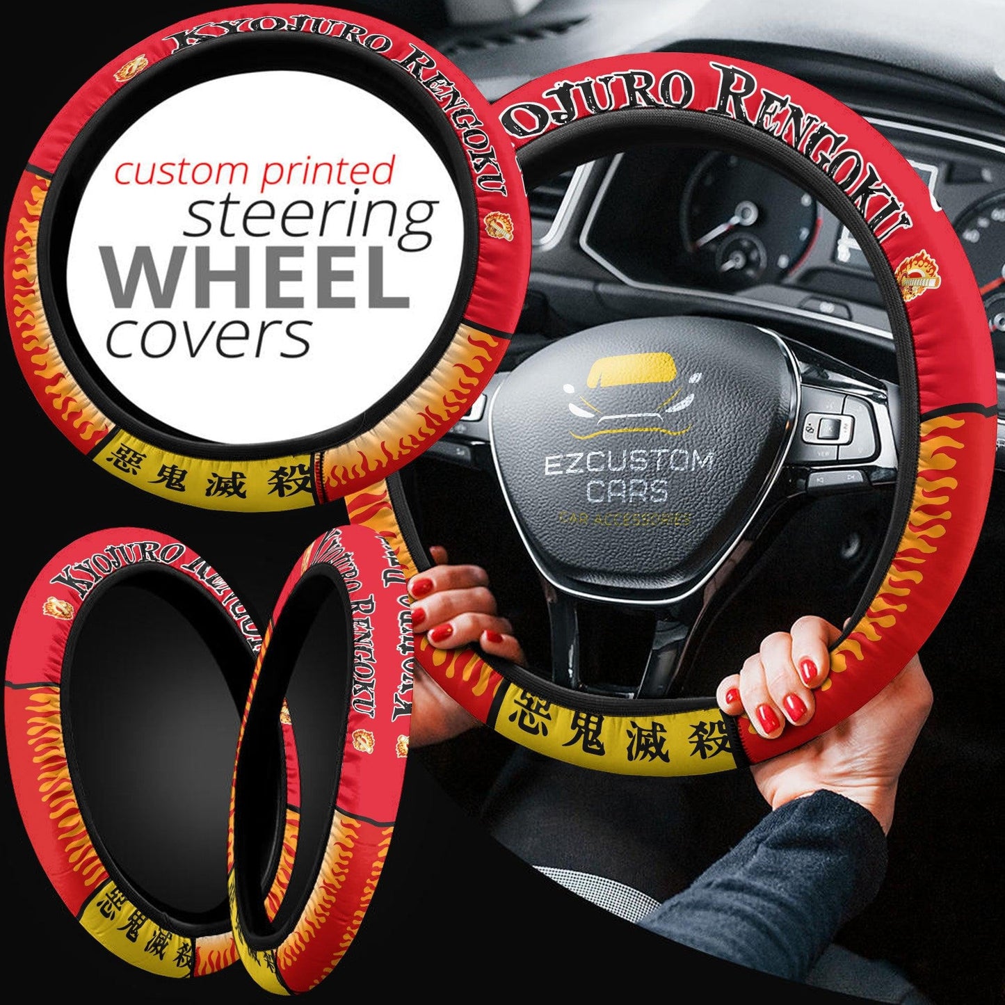 Demon Slayer Anime Steering Wheel Cover Custom Kyojuro Rengoku Anime Car Accessories