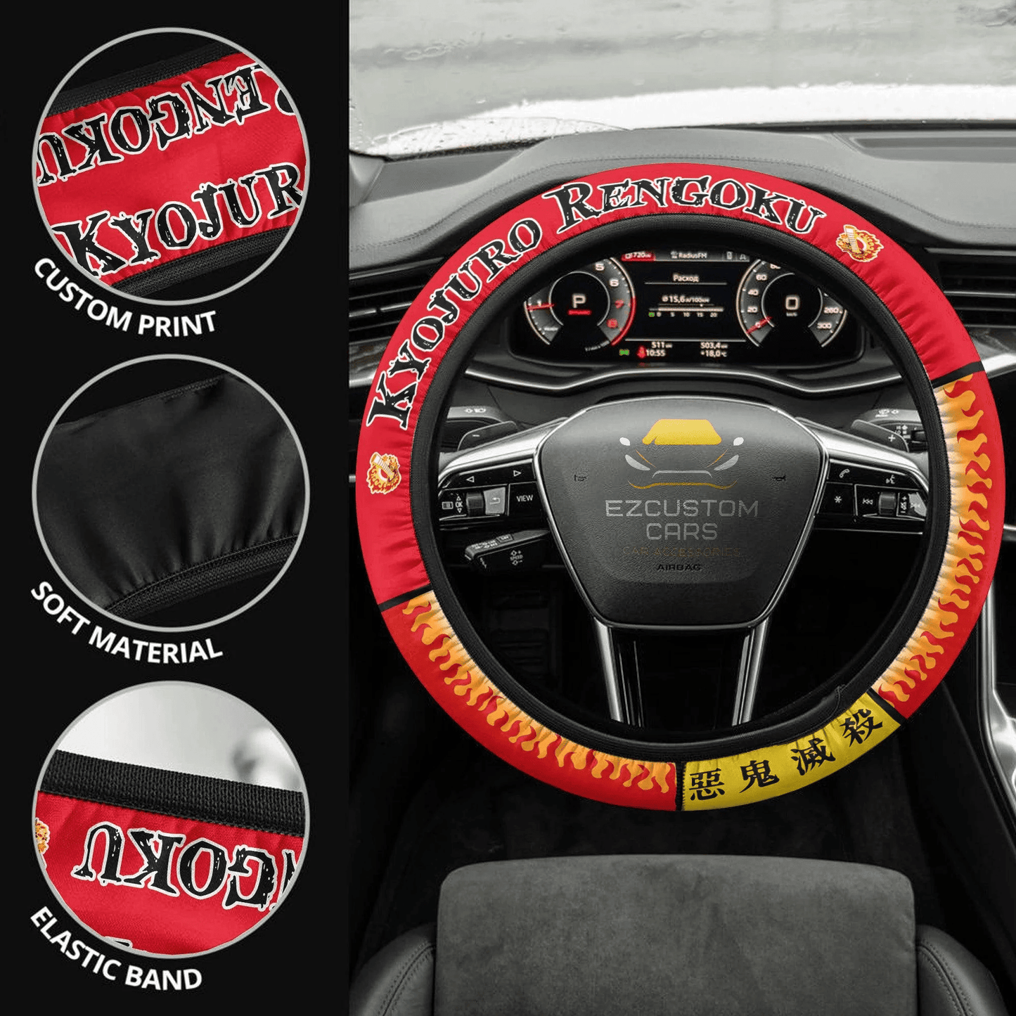 Demon Slayer Anime Steering Wheel Cover Custom Kyojuro Rengoku Anime Car Accessories