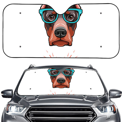 Dobermann With Glasses Print Car Windshield Sun Shade