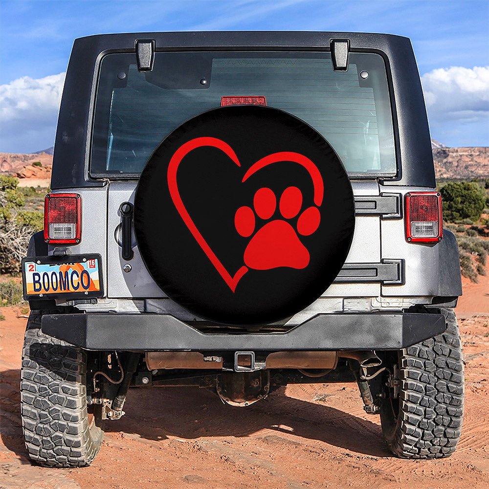 Dog Paw Heart Red Car Spare Tire Cover