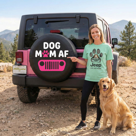 Dog Mom AF Leather Spare Tire Cover – Pink Jeep Design for Dog Lovers