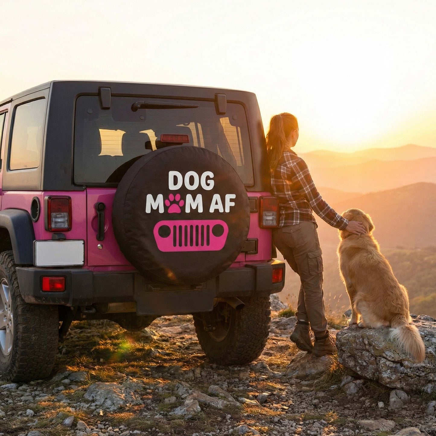 Dog Mom AF Leather Spare Tire Cover – Pink Jeep Design for Dog Lovers