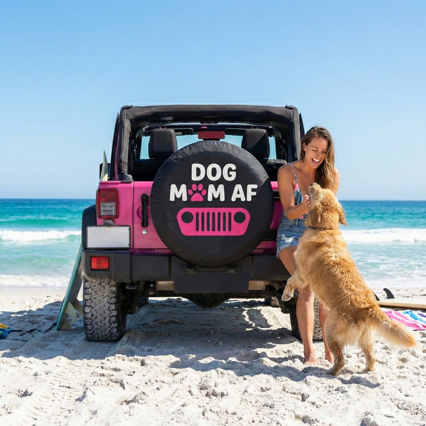 Dog Mom AF Leather Spare Tire Cover – Pink Jeep Design for Dog Lovers