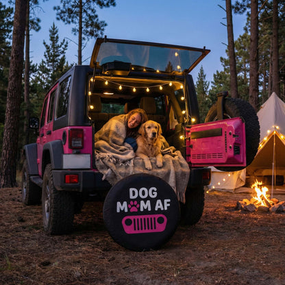 Dog Mom AF Leather Spare Tire Cover – Pink Jeep Design for Dog Lovers