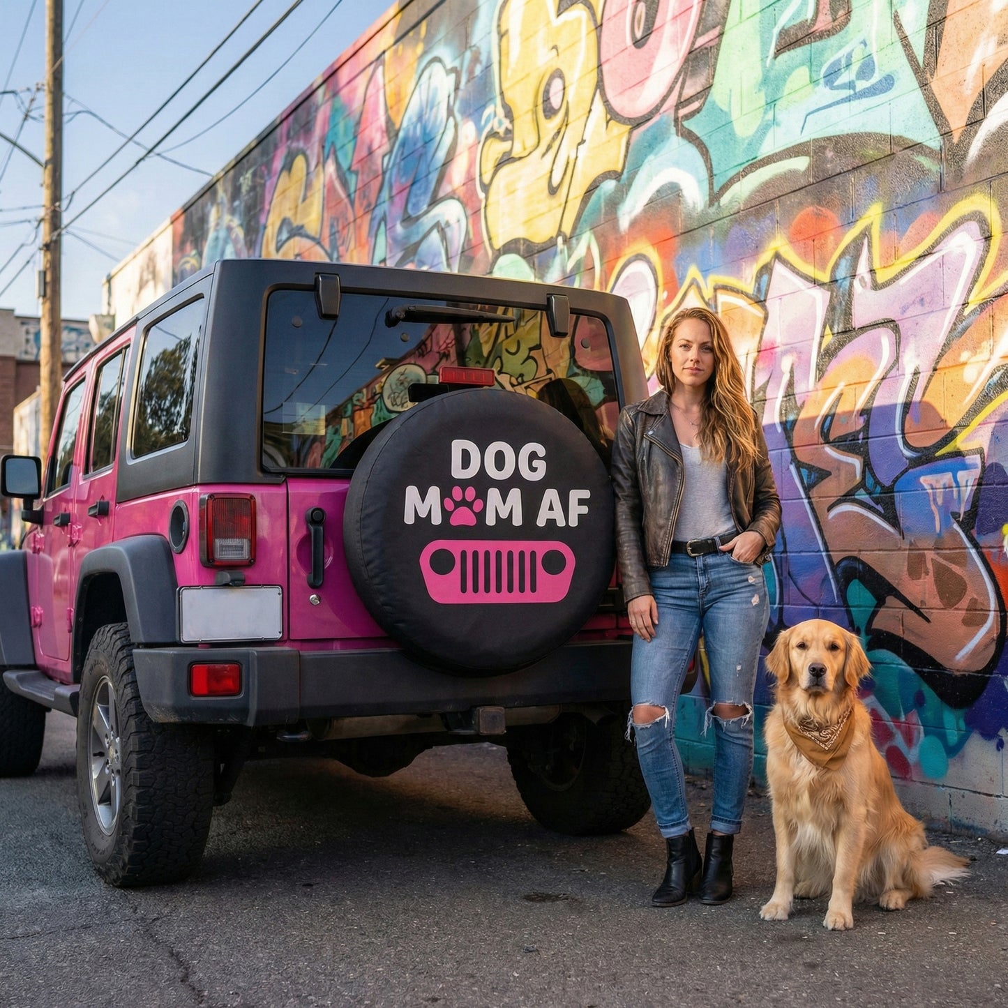 Dog Mom AF Leather Spare Tire Cover – Pink Jeep Design for Dog Lovers