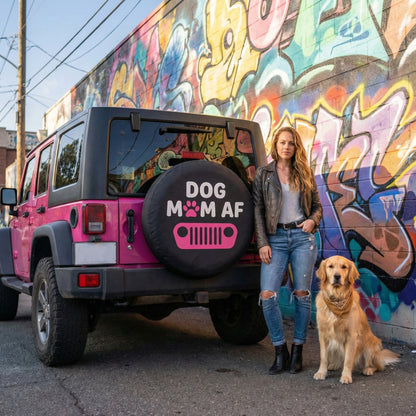Dog Mom AF Leather Spare Tire Cover – Pink Jeep Design for Dog Lovers
