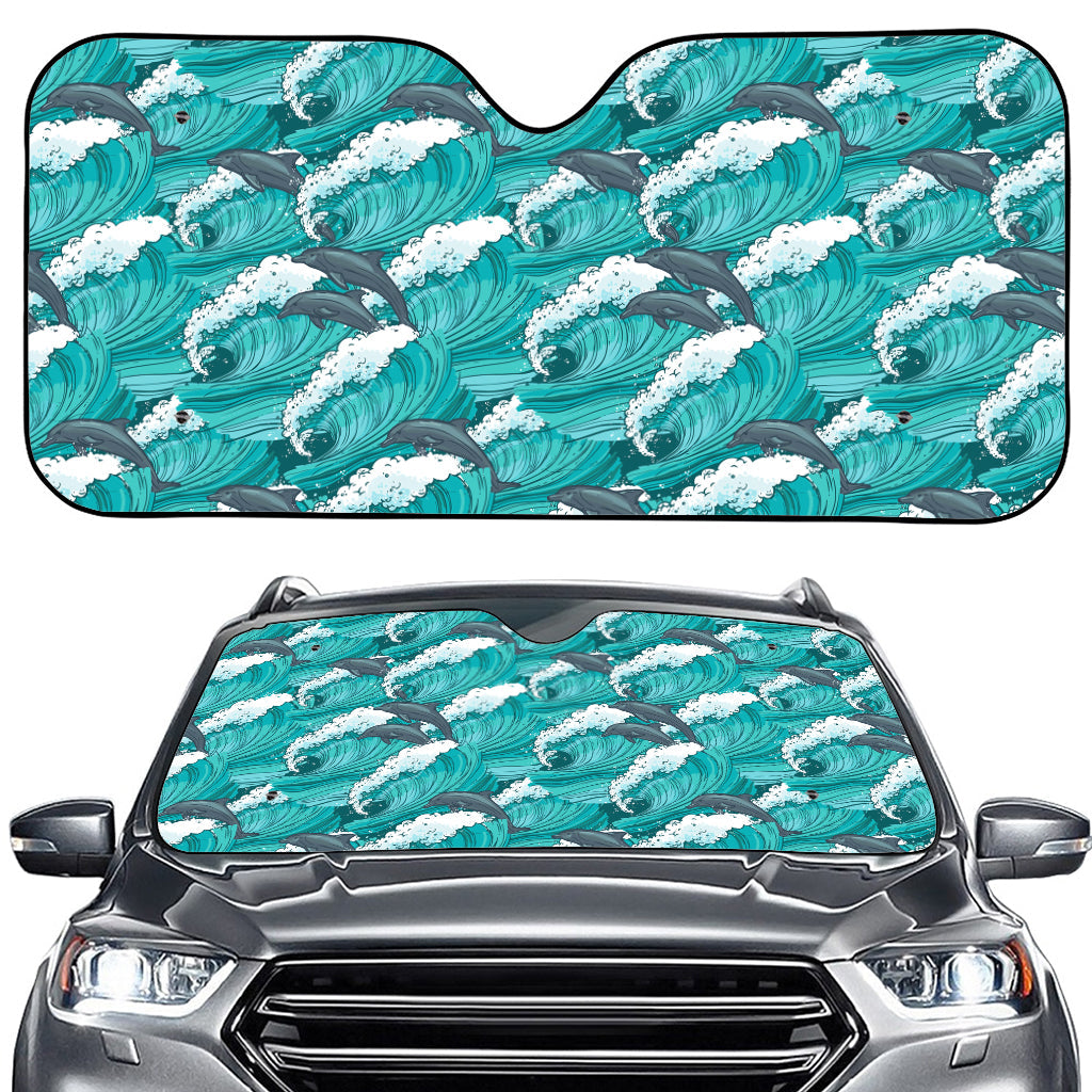 Dolphin Riding Waves Pattern Print Car Windshield Sun Shade