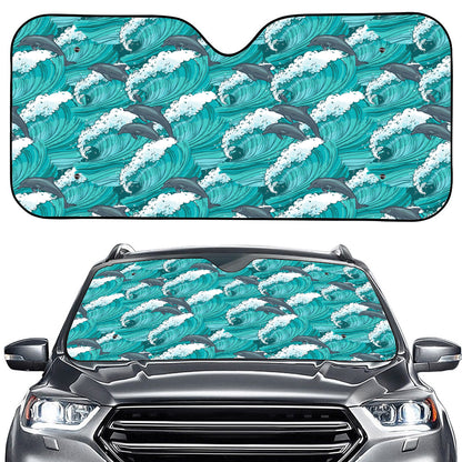 Dolphin Riding Waves Pattern Print Car Windshield Sun Shade