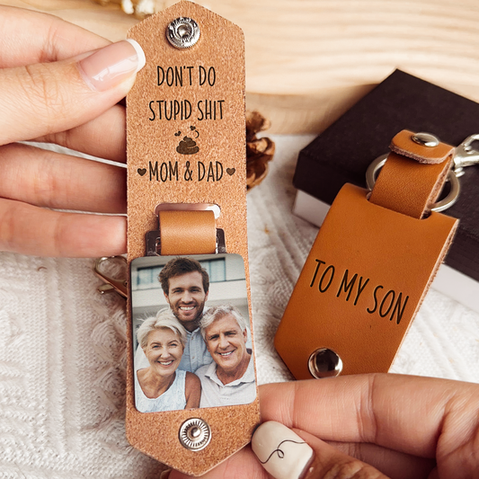 Don't Do Stupid Shit For Kids, Son, Daughter - Personalized Leather Photo Keychain