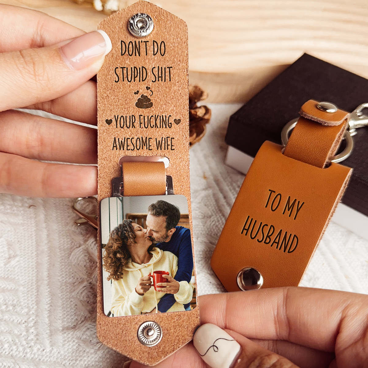 Don't Do Stupid Shit For Kids, Son, Daughter - Personalized Leather Photo Keychain