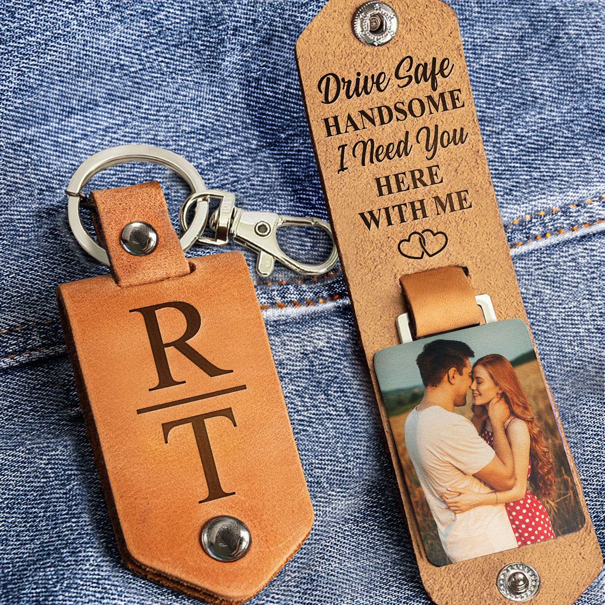 Drive Safe Handsome - Personalized Leather Photo Keychain