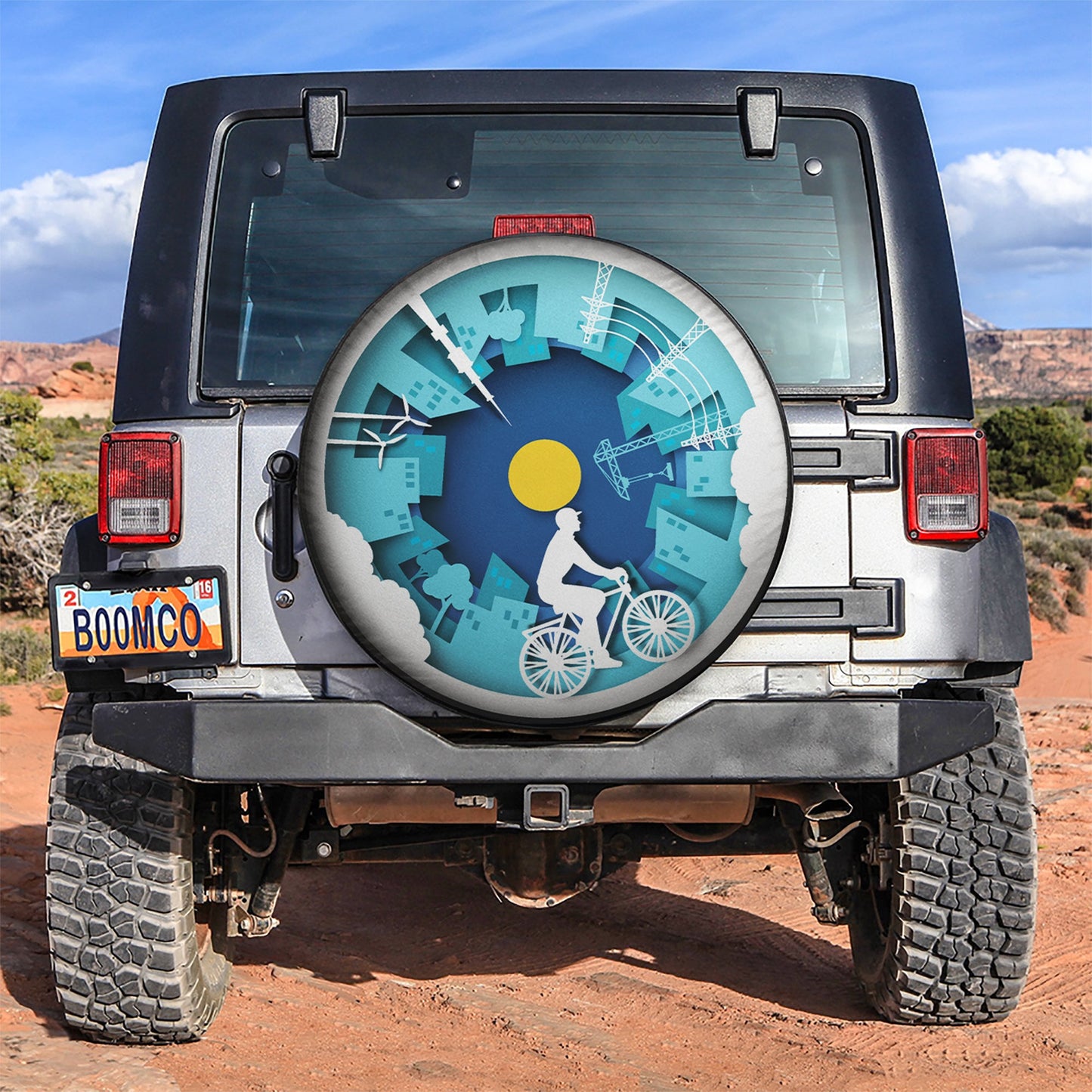 Eco Friendly Bike Cycling City With Buildings Style Car Spare Tire Cover