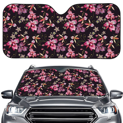 Embroidery Orchid Flower Pattern Print Car Windshield Sun Shade