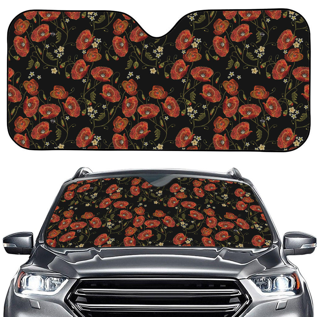 Embroidery Poppy Pattern Print Car Windshield Sun Shade