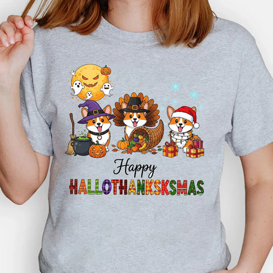Happy Hallothanksksmas Corgi T-Shirt – Funny Holiday Dog Lover Tee
