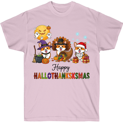 Happy Hallothanksksmas Corgi T-Shirt – Funny Holiday Dog Lover Tee