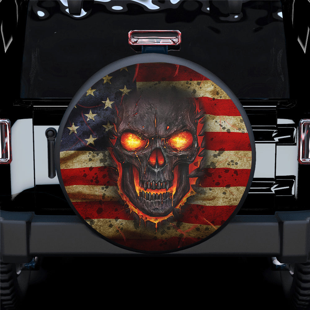 Fire Skull American Flag Jeep Car Spare Tire Cover