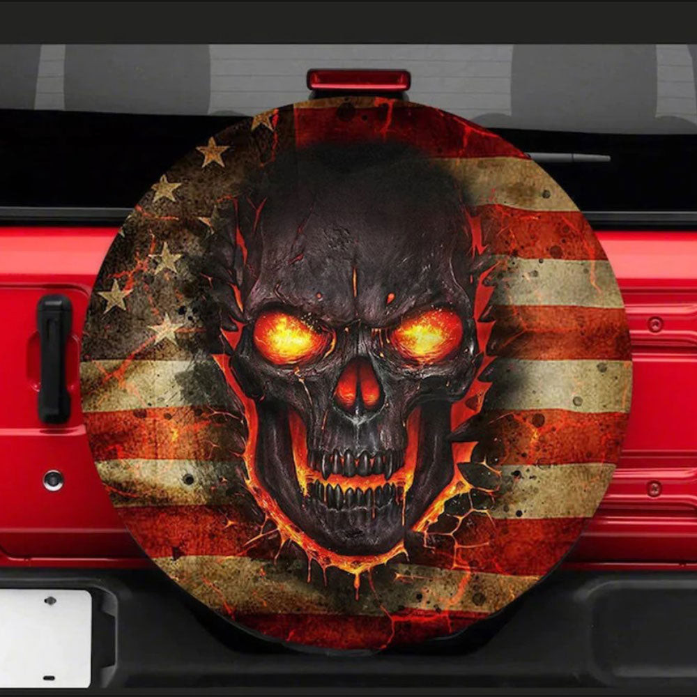 Fire Skull American Flag Jeep Car Spare Tire Cover