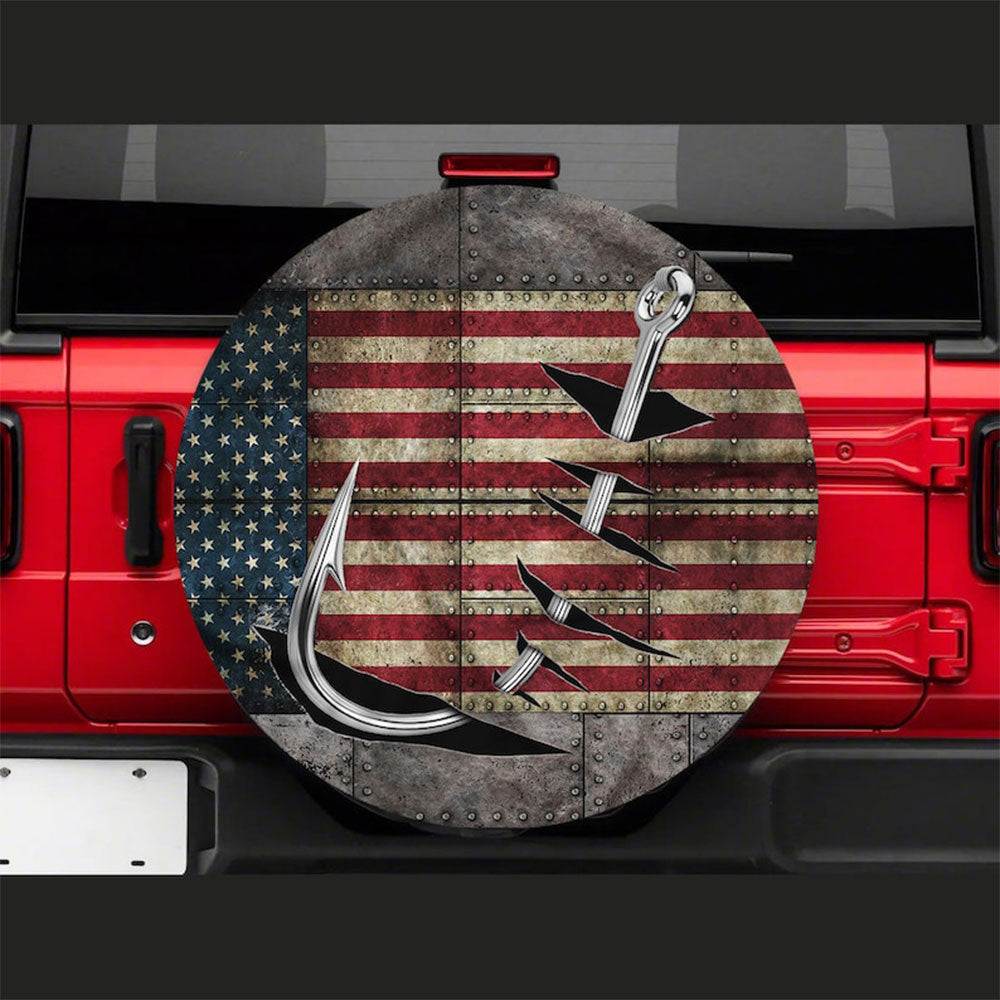 Fishing Hook, American Flag Car Spare Tire Cover