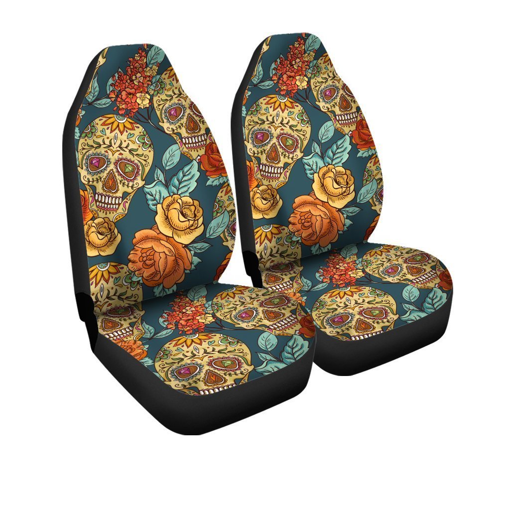Floral Sugar Skull Car Seat Covers Custom Vintage Style Car Accessories