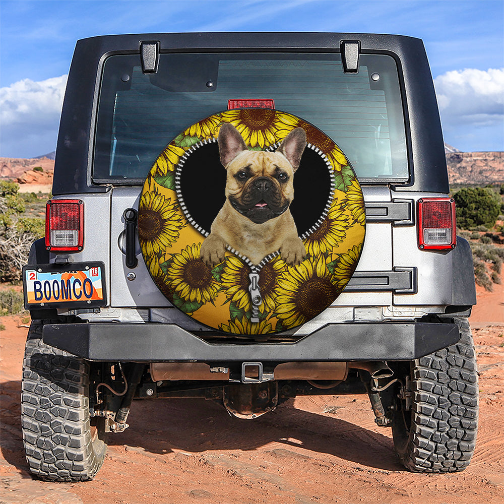 French Bulldog Sunflower Zipper Car Spare Tire Cover