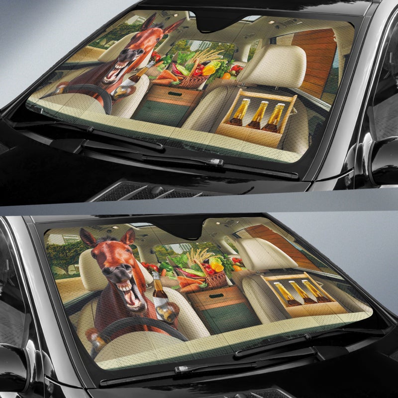 Funny Horse Drinks Beer Right Hand Drive Car Auto Sunshades