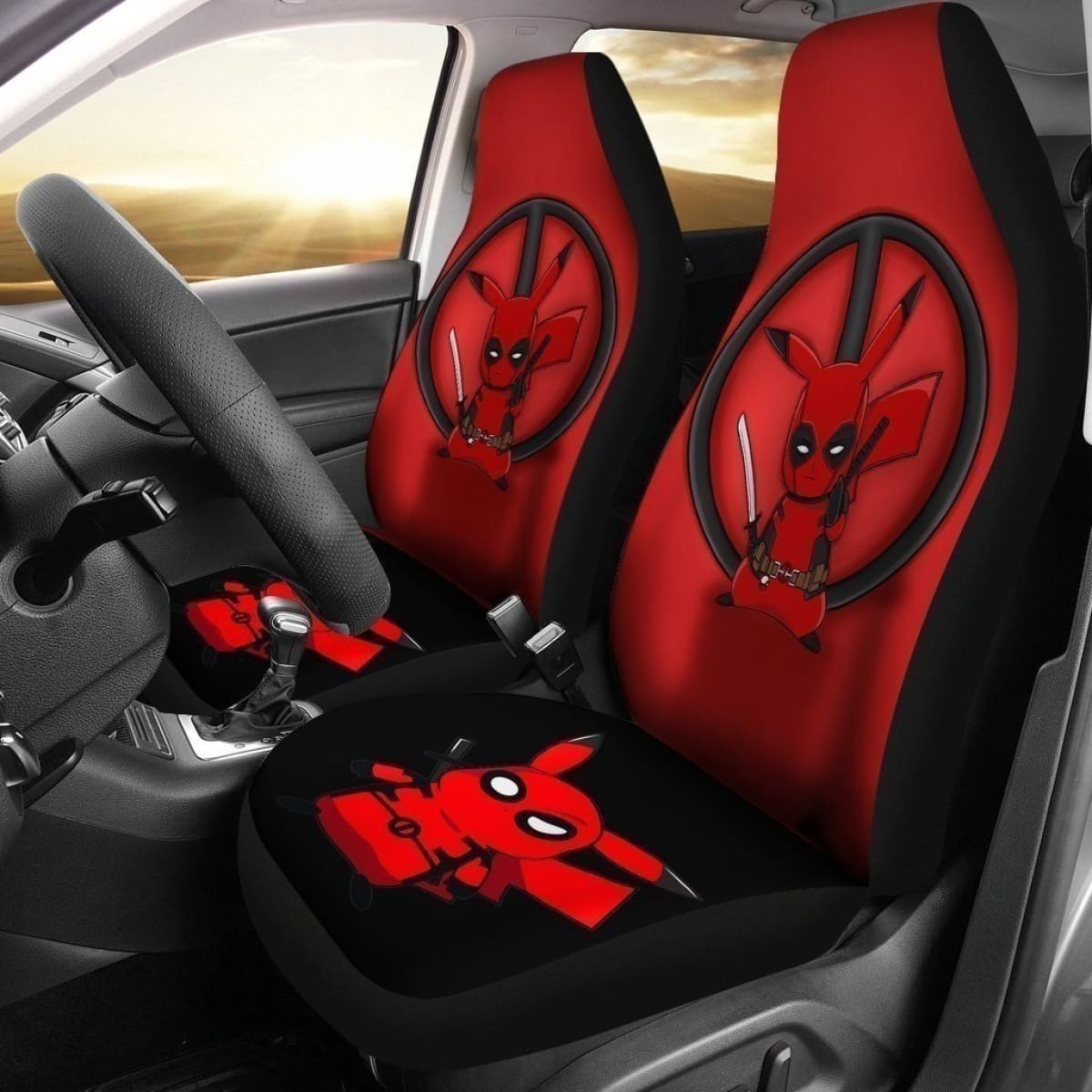 Funny Pikapool Pikachu & Deadpool Car Seat Covers Gift For Fan Universal Fit 194801