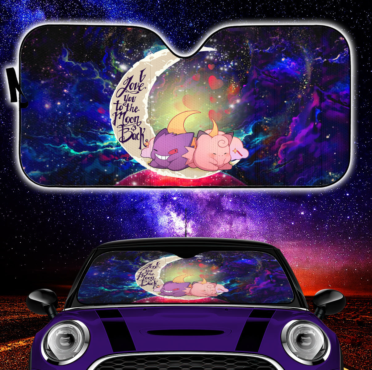 Gengar And Clefable Cute Pokemon Love You To The Moon Galaxy Car Auto Sunshades