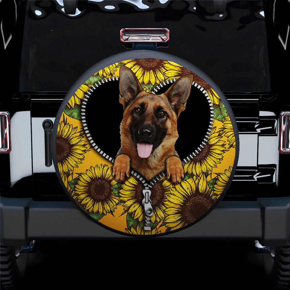 German Shepherd Sunflower Zipper Car Spare Tire Cover