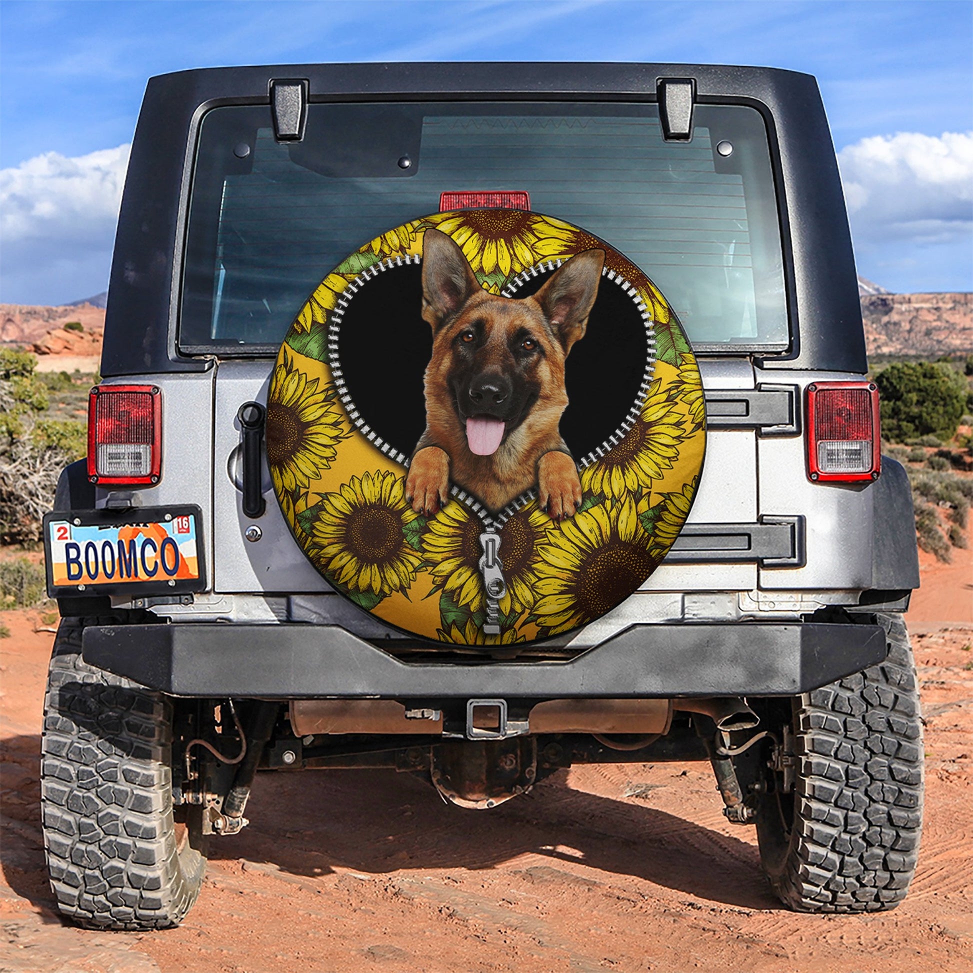 German Shepherd Sunflower Zipper Car Spare Tire Cover