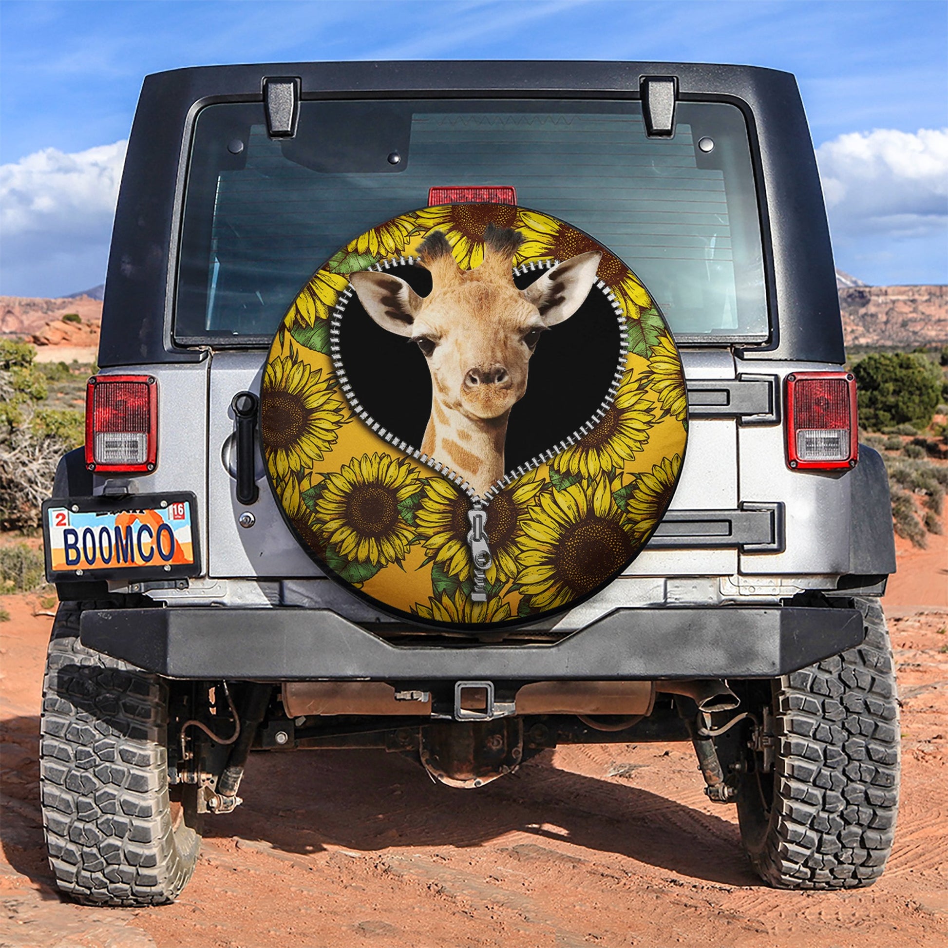 Giraffe Sunflower Zipper Car Spare Tire Cover
