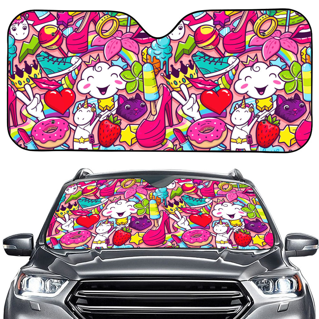 Girly Unicorn Cartoon Pattern Print Car Windshield Sun Shade