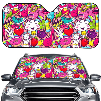 Girly Unicorn Cartoon Pattern Print Car Windshield Sun Shade