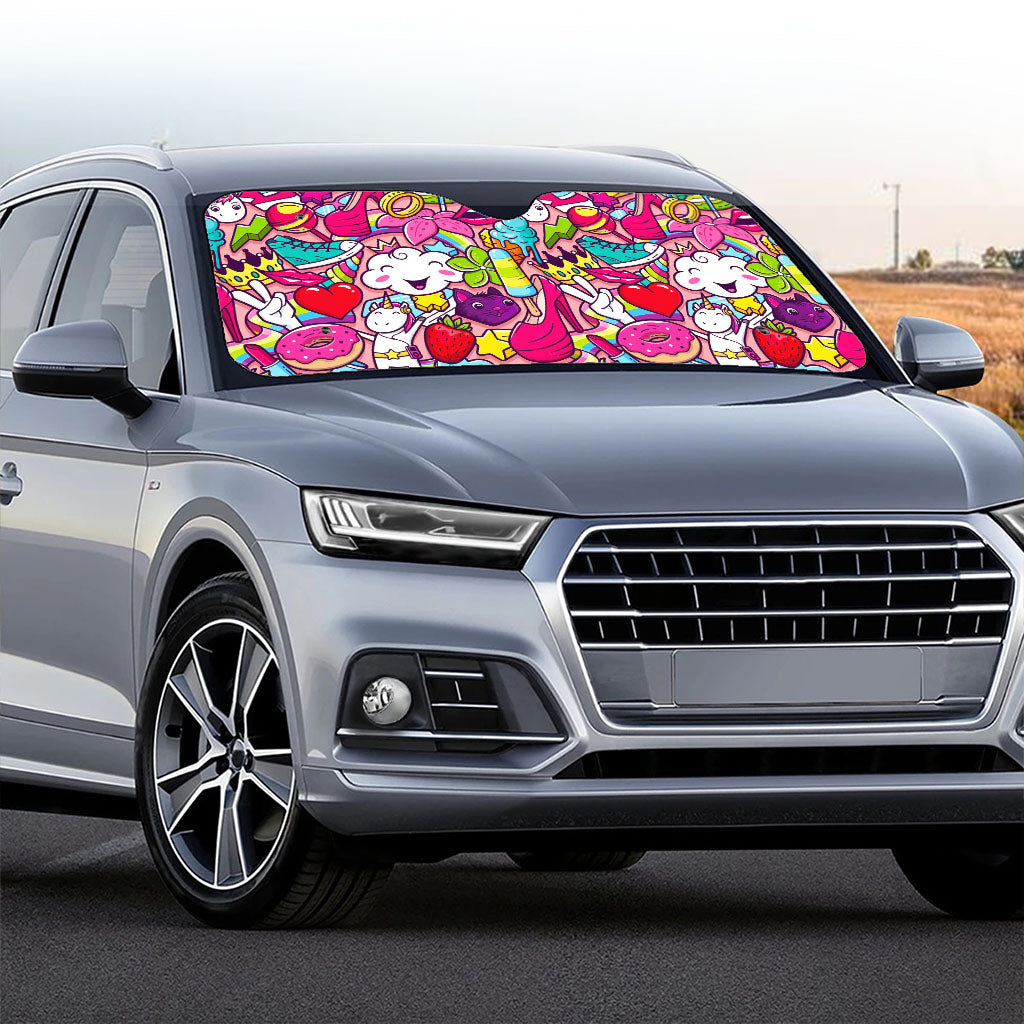 Girly Unicorn Cartoon Pattern Print Car Windshield Sun Shade