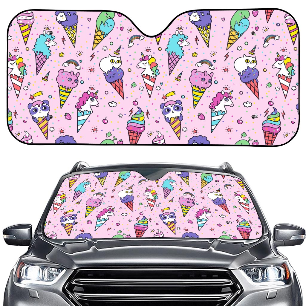 Girly Unicorn Ice Cream Pattern Print Car Windshield Sun Shade
