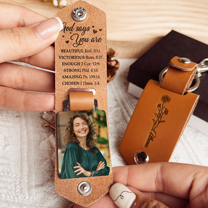 God Says You Are Beautiful Loved Reminders - Personalized Leather Photo Keychain