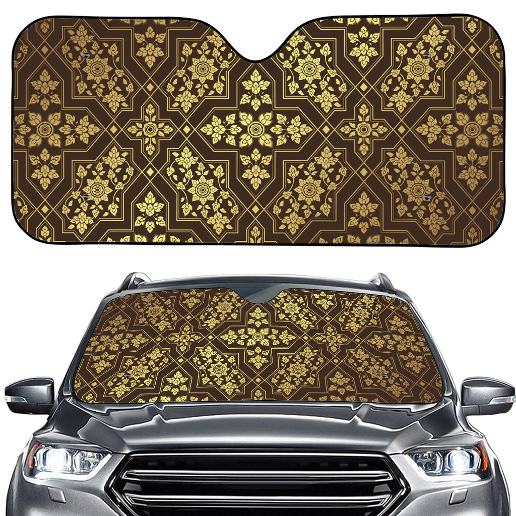 Gold And Brown Thai Pattern Print Car Windshield Sun Shade