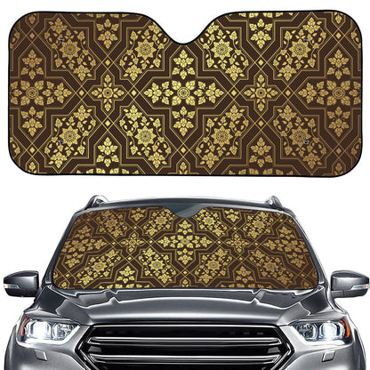 Gold And Brown Thai Pattern Print Car Windshield Sun Shade