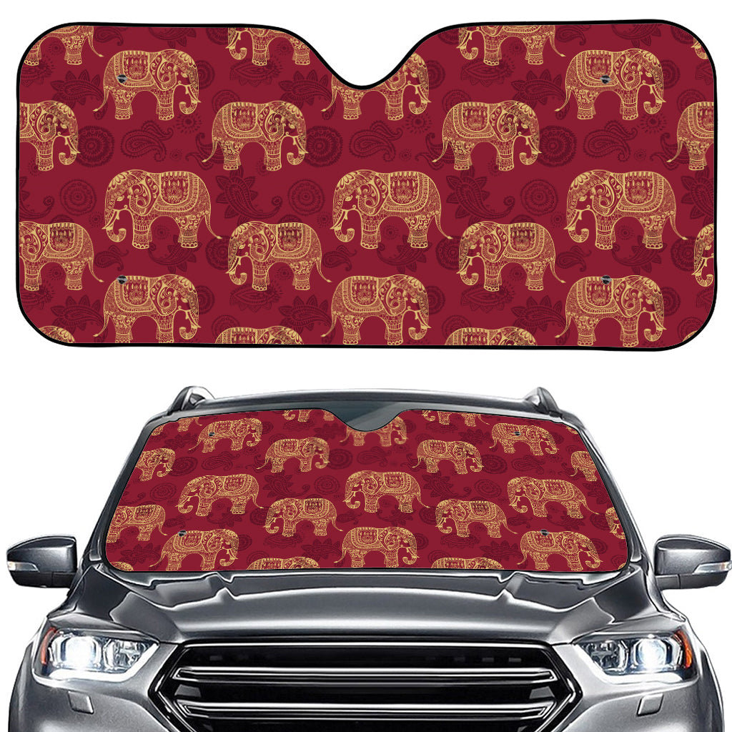 Gold And Red Boho Elephant Print Car Windshield Sun Shade