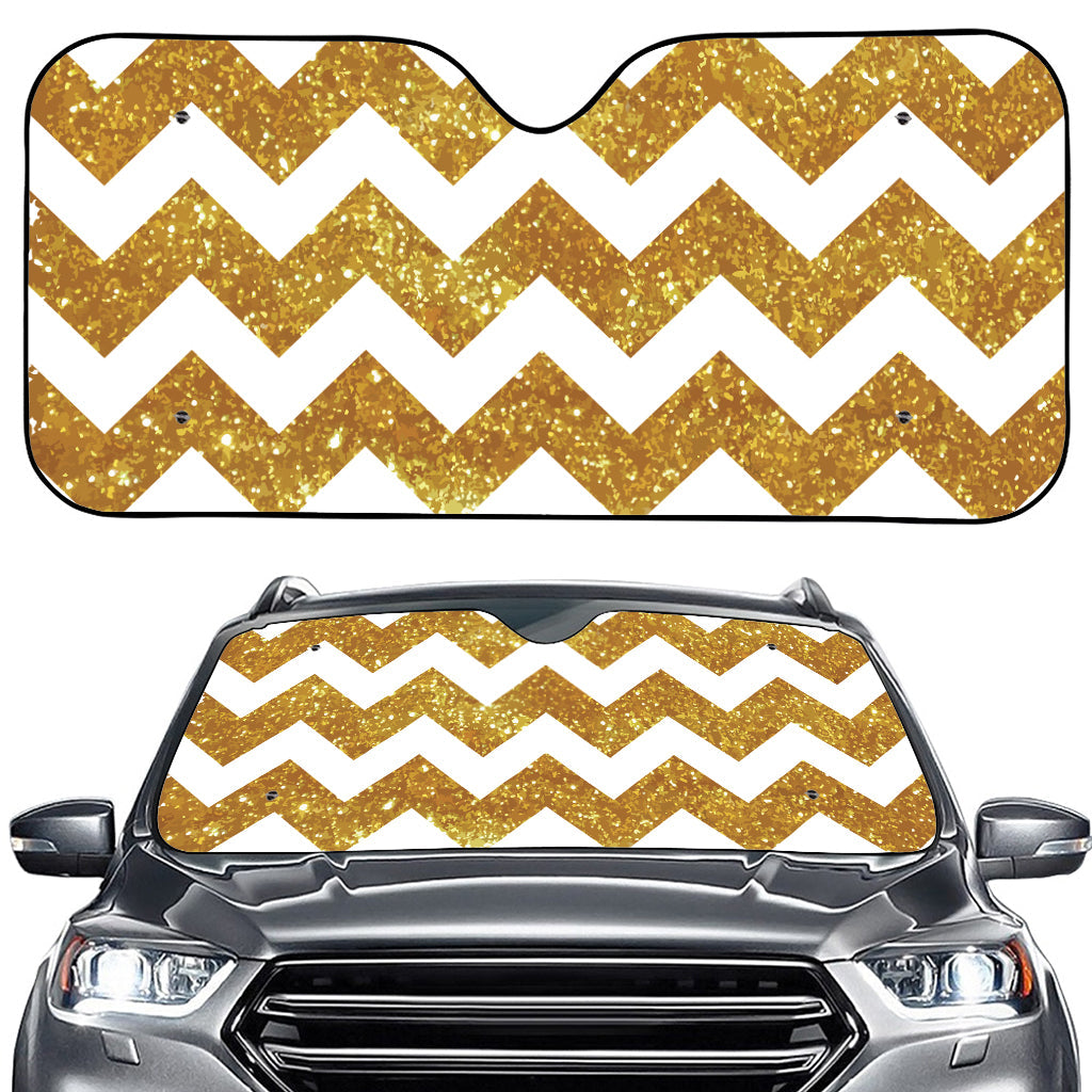 Gold And White Chevron Pattern Print Car Windshield Sun Shade
