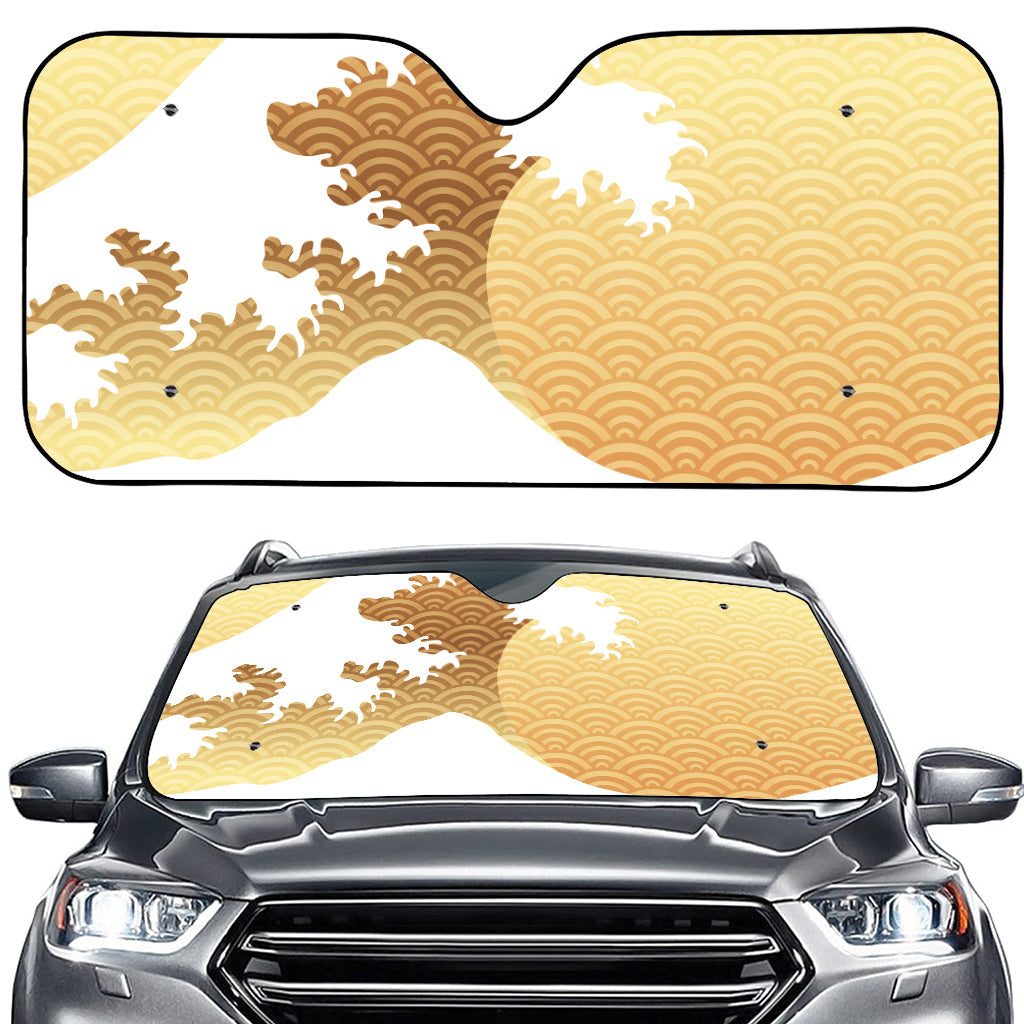 Golden Kanagawa Wave Print Car Windshield Sun Shade