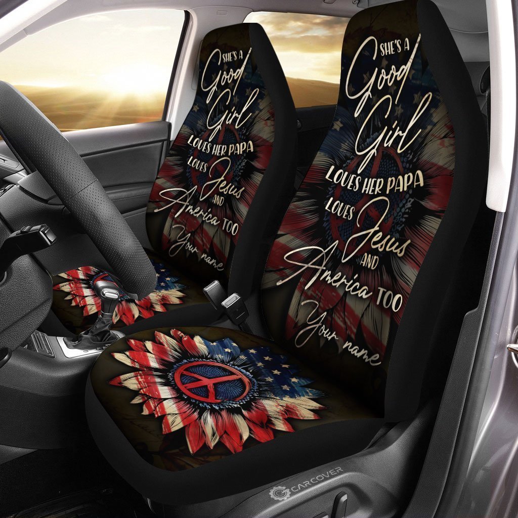 Good Girl Love Her Jesus Car Seat Covers Custom Name US Flag Car Accessories