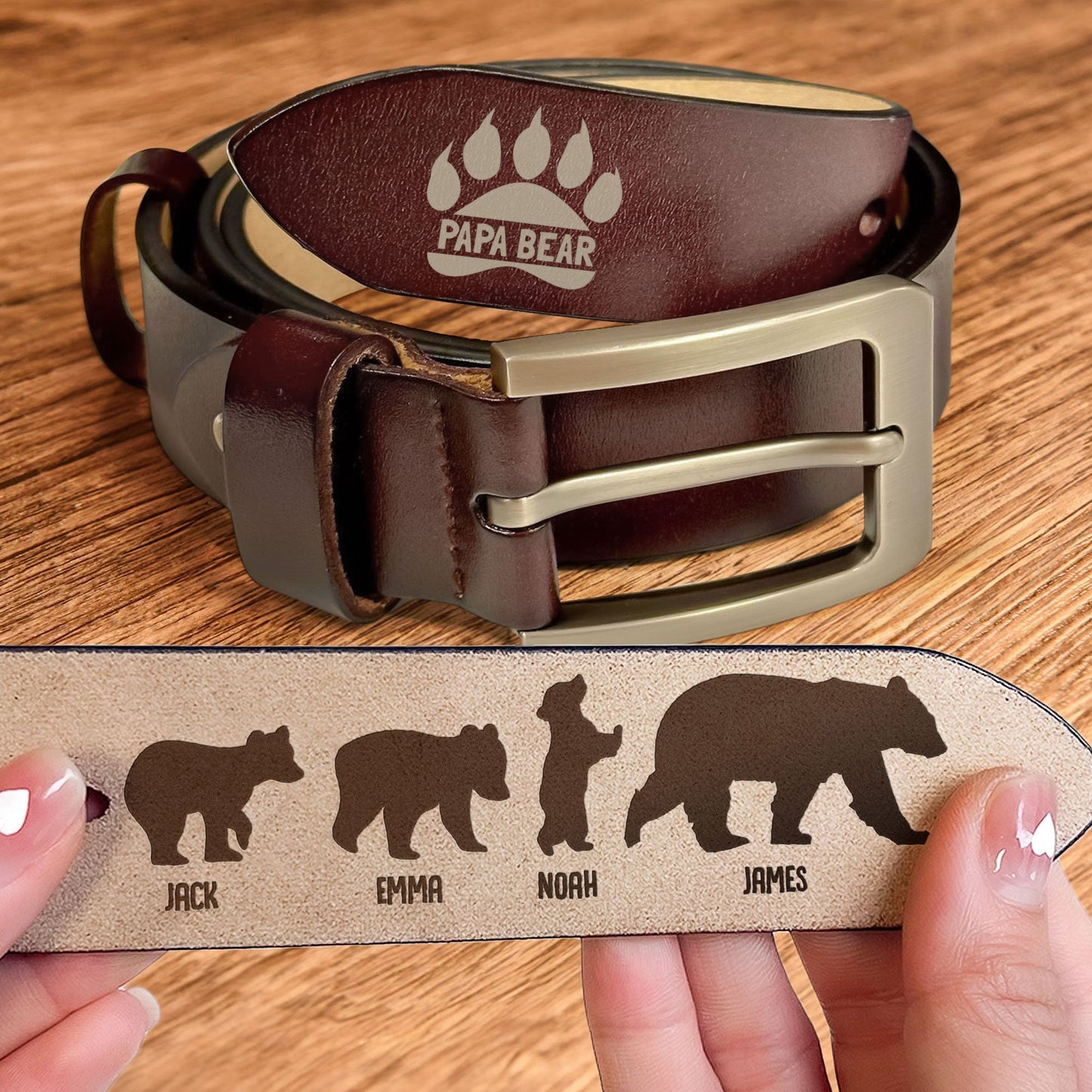 Grandpa Bear Papa Bear Daddy Bear Father's Day - Personalized Engraved Leather Belt