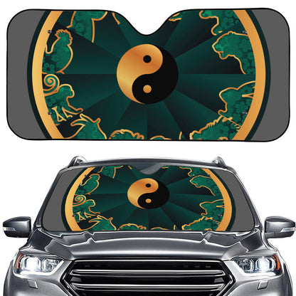 Green And Gold Chinese Zodiac Print Car Windshield Sun Shade
