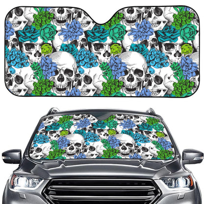 Green Blue Flowers Skull Pattern Print Car Windshield Sun Shade