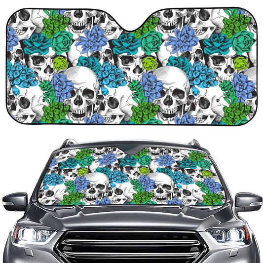 Green Blue Flowers Skull Pattern Print Car Windshield Sun Shade