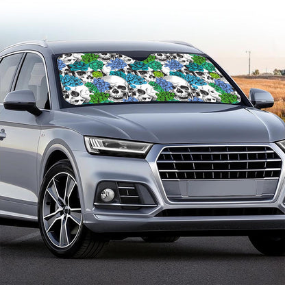Green Blue Flowers Skull Pattern Print Car Windshield Sun Shade